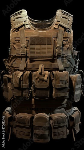 Tactical military vest with multiple pouches and attachments, studio shot on black background. Tactical gear and equipment concept photo