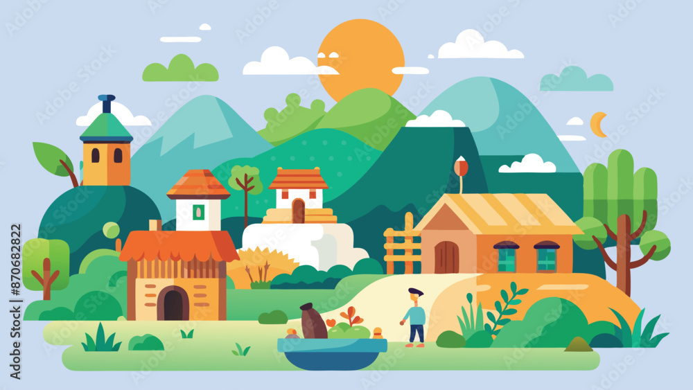 2D Cartoon Village Nature Background Vector Illustration. 2D Cartoon Village Nature Background Vector Illustration.