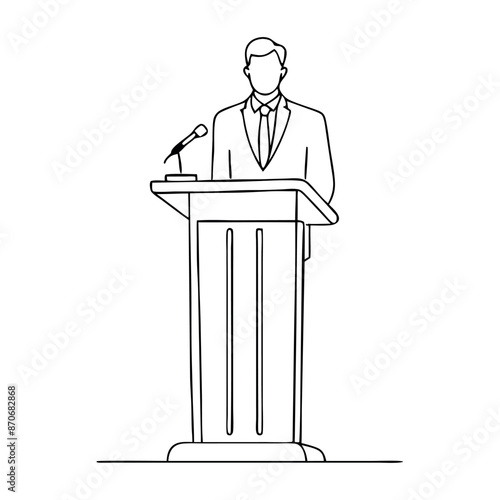 continuous single line drawing of a speaker at a lectern