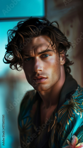 Portrait of a handsome man with curly dishelved hair, wearing a colorful dark cyan tropical silk shirt with plumeria and palm leaves print. photo