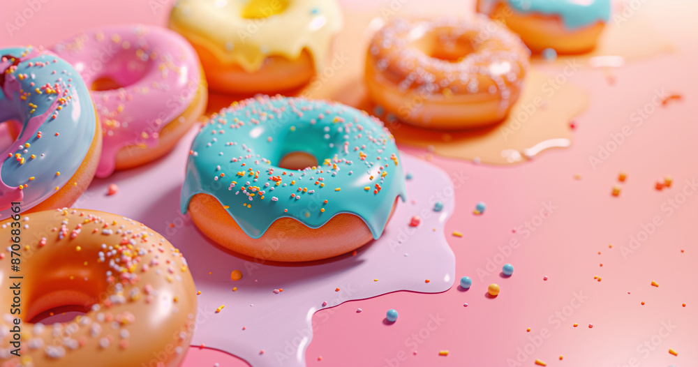 Colorful donuts on a pastel pink surface, in style of 3D digital render cartoon. Minimal concept with copy space Colorful donuts on a pastel pink surface, in style of 3D digital render cartoon. Minimal concept with copy space