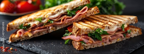 Delicious sandwich featuring ham, cheese, and crisp vegetables, served on fresh bread. Ideal for a nutritious and tasty meal or quick breakfast.