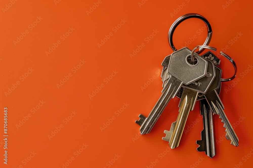 Key and house shaped keychain arrangement on orange background. Key and house shaped keychain arrangement on orange background.