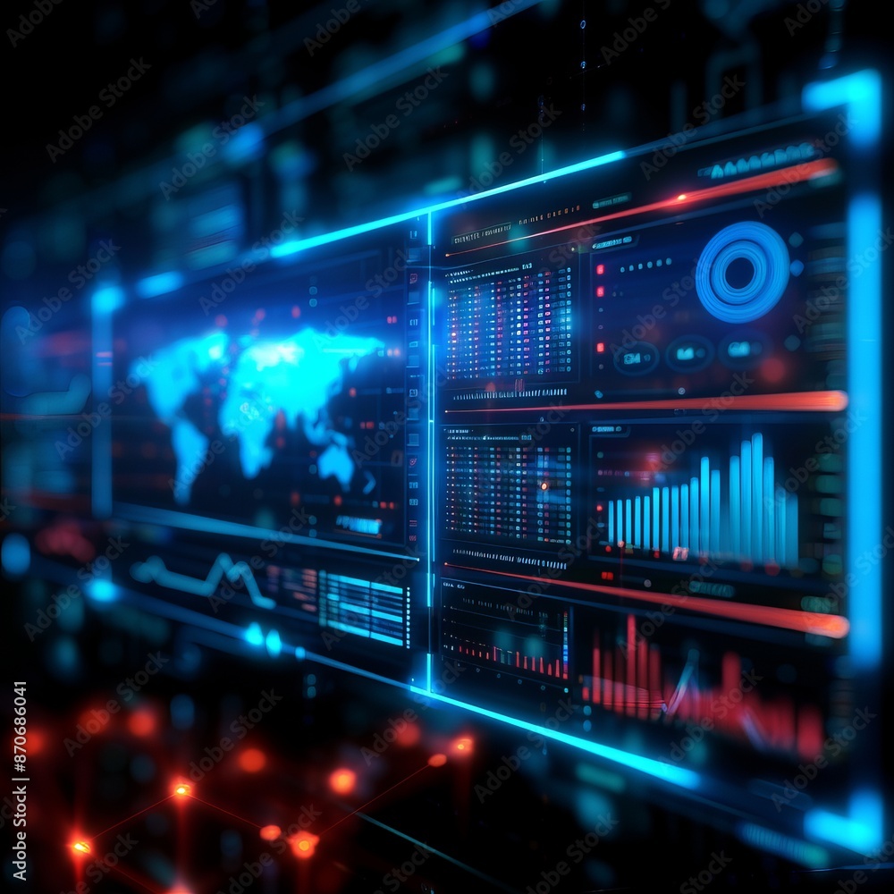 Fototapeta premium A high-tech data dashboard displaying global analytics and charts, representing advanced technology and data visualization in a futuristic setting.