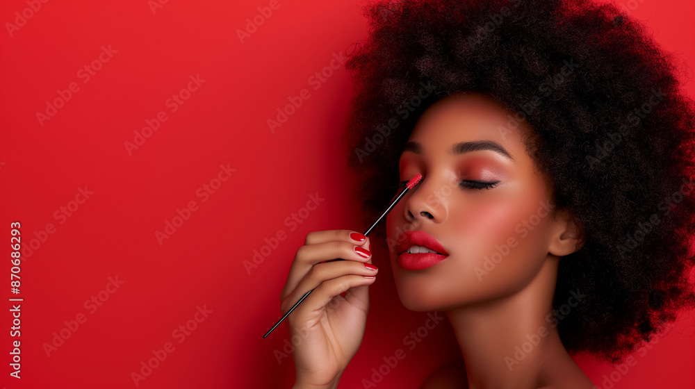 Obraz premium Lady putting a makeup, red background