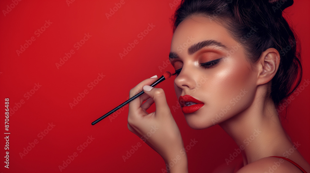 Fototapeta premium Lady putting a makeup, red background