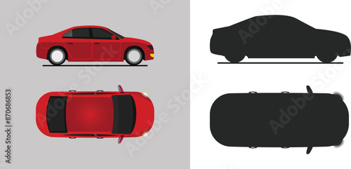 a red sedan car in side and top view flat illustration, silhouette, line art