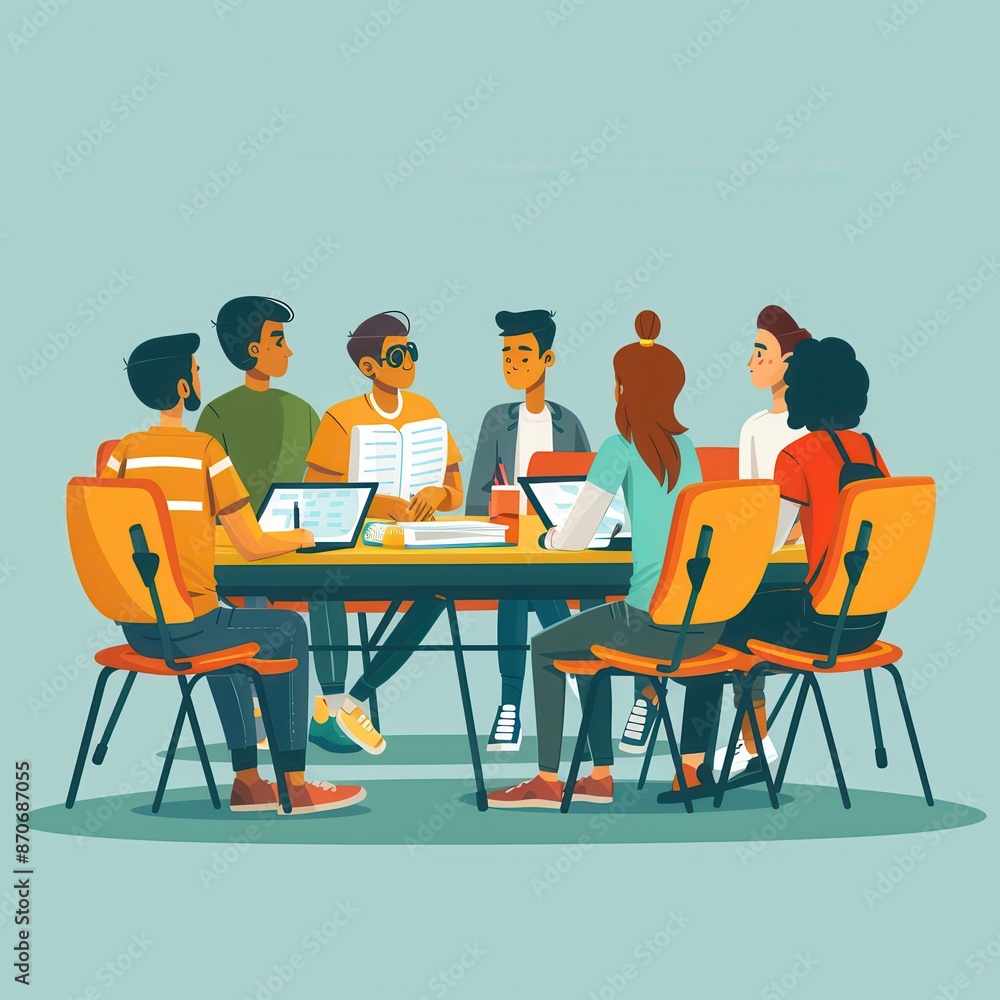 A group of people sitting around a table with laptops and books A group of people sitting around a table with laptops and books