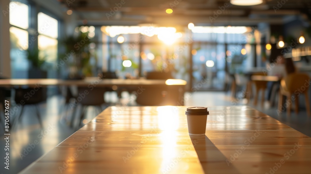 Sunlit modern coffee shop with a takeaway cup on a wooden table and blurred customers in the background. Sunlit modern coffee shop with a takeaway cup on a wooden table and blurred customers in the background.