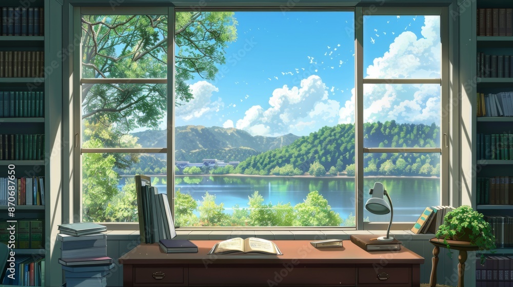 work/study space overlooking the beautiful lake and mountains creates a comfortable and calm atmosphere, making the mind more relaxed and focused when working work/study space overlooking the beautiful lake and mountains creates a comfortable and calm atmosphere, making the mind more relaxed and focused when working