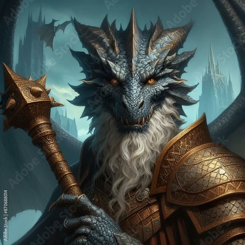 Dragonborn cleric in shimmering metallic scales.  Fantasy RPG character  photo