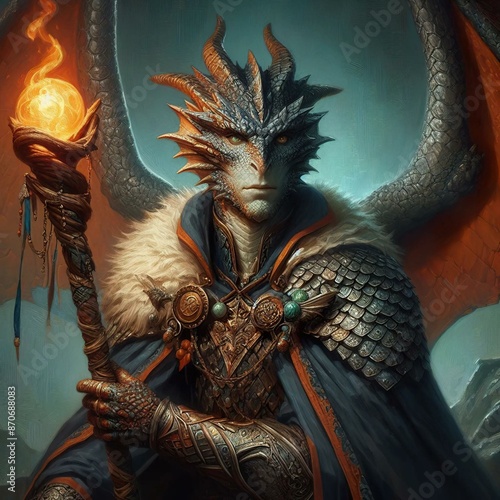 Dragonborn Sorcerer in Scaled Cloak of Elemental Power  Fantasy RPG character  photo