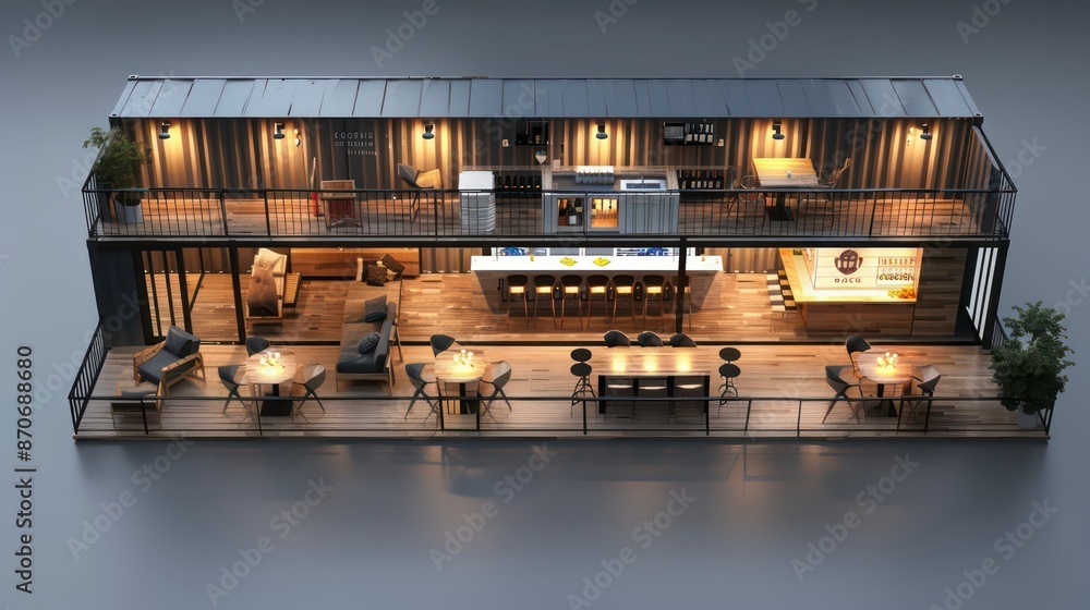 An architectural design of an old building with a container bar and a terrace, blending modern and historical elements in an urban city setting. An architectural design of an old building with a container bar and a terrace, blending modern and historical elements in an urban city setting.