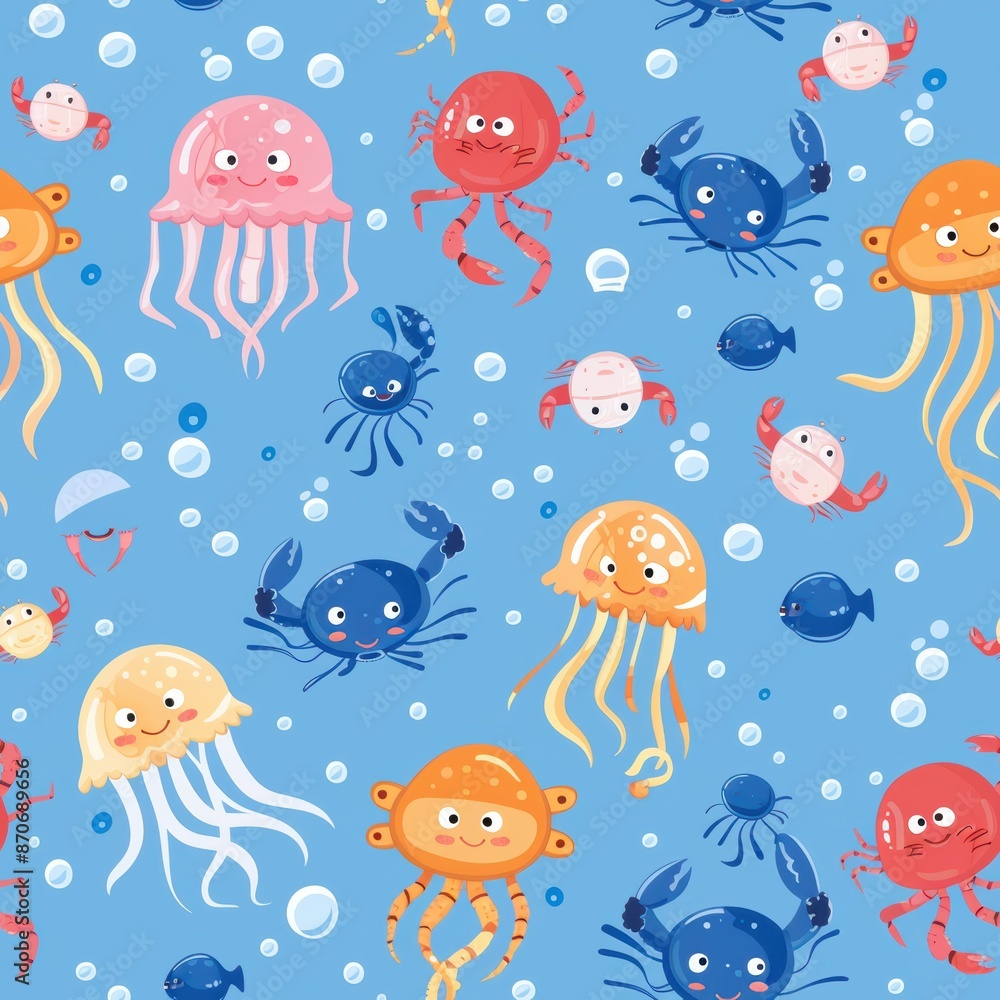 Playful Jellyfish and Adorable Crabs in a Seamless Underwater Pattern Playful Jellyfish and Adorable Crabs in a Seamless Underwater Pattern