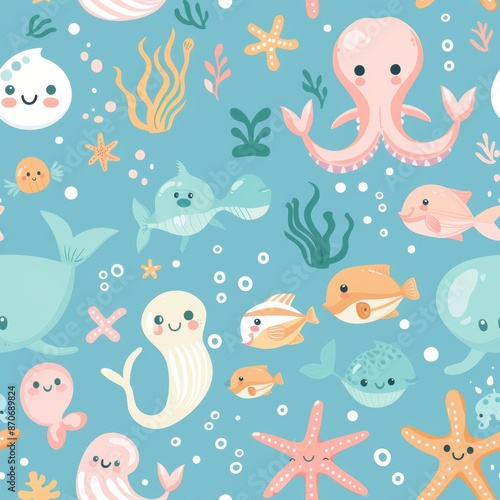 Enchanting Seamless Illustration of Adorable Sea Creatures in a Whimsical Underwater World