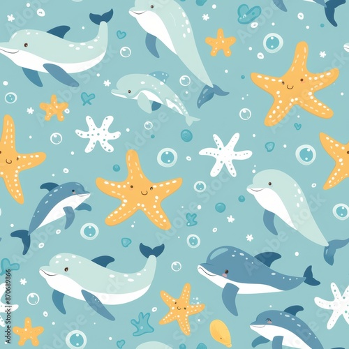 Adorable starfish and dolphins in a cute seamless pattern © Palathon