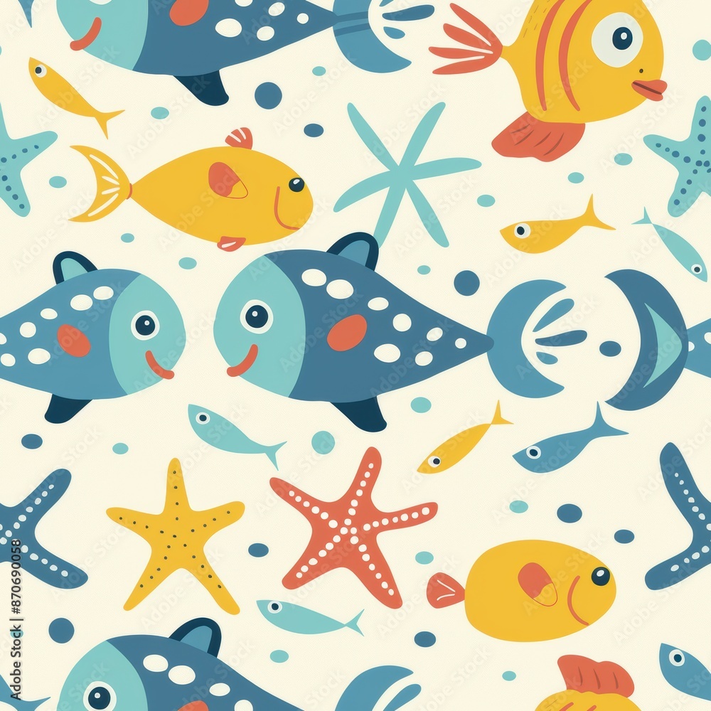 Playful Underwater Charm - Whimsical Fish and Starfish Repetitive Pattern Illustration Playful Underwater Charm - Whimsical Fish and Starfish Repetitive Pattern Illustration