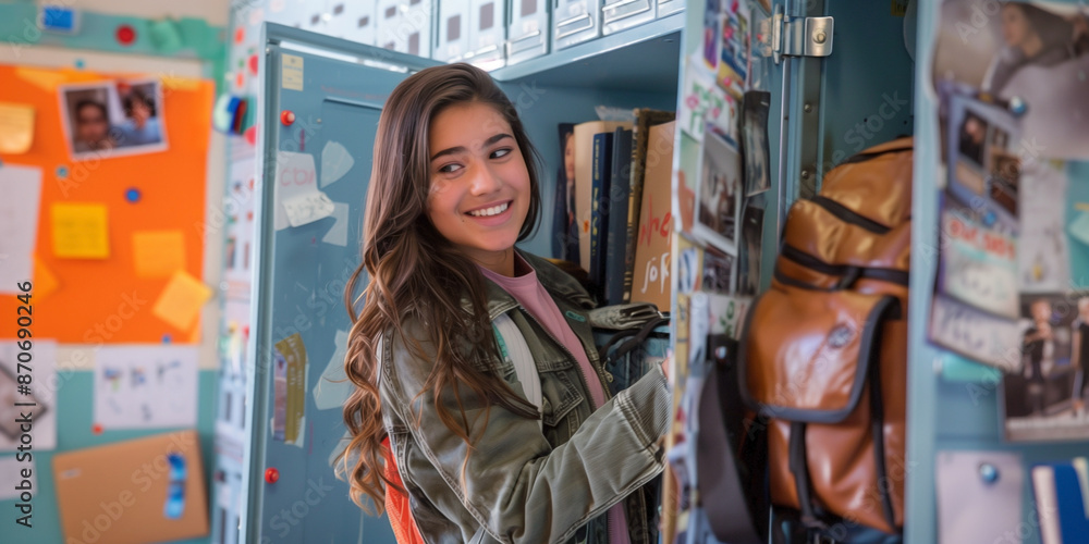 Fototapeta premium Back to school concept. female student tidies her locker filled with colorful notes and photos while preparing her backpack for a busy school day.