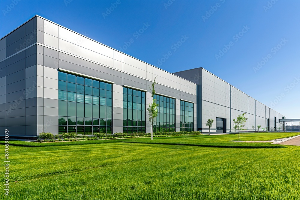 Fototapeta premium Modern warehouse facade on a sunny day, distribution center. Industrial Building of modern logistics hub. Loading dock. Large Business Entrance. Innovative logistic complex exterior. Cargo storage