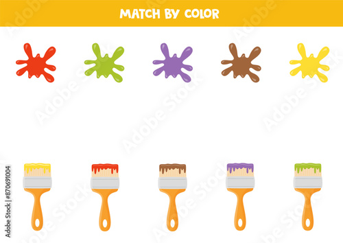 Match paint splashes and paint brushes by colors. Educational logical game for kids.