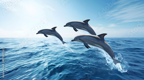 3 dolphins jumped out of the sea at the same time. In the afternoon air, natural light. © Patcharee