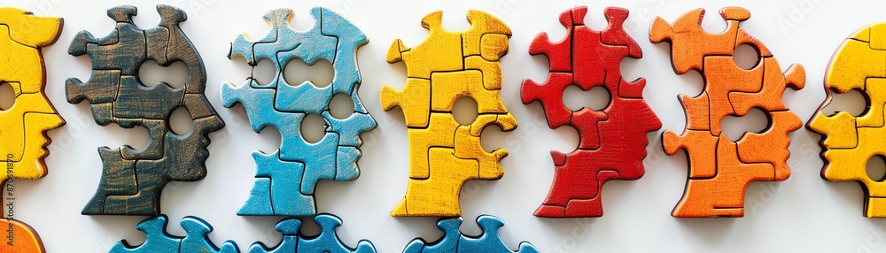 Obraz premium Colorful puzzle pieces shaped like human heads, symbolizing diversity and connection.