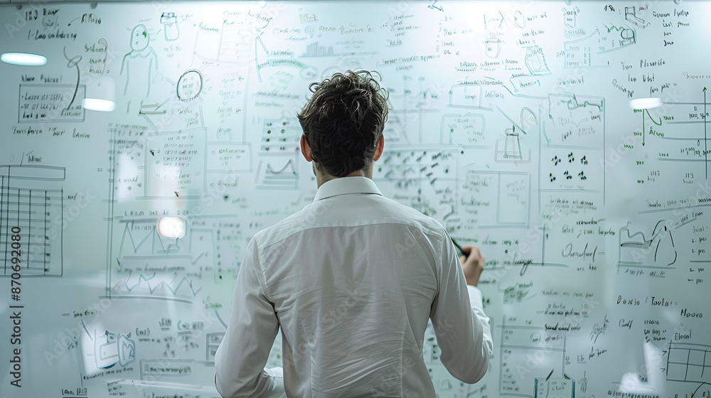 Man Drawing Complex Diagram on Whiteboard in Modern Conference Room Man Drawing Complex Diagram on Whiteboard in Modern Conference Room