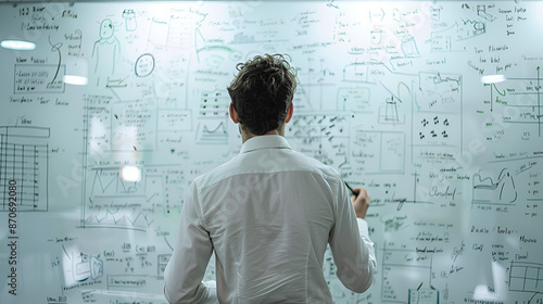 Man Drawing Complex Diagram on Whiteboard in Modern Conference Room