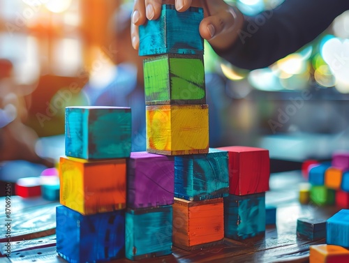 Child's hand building a tower with colorful wooden blocks. photo