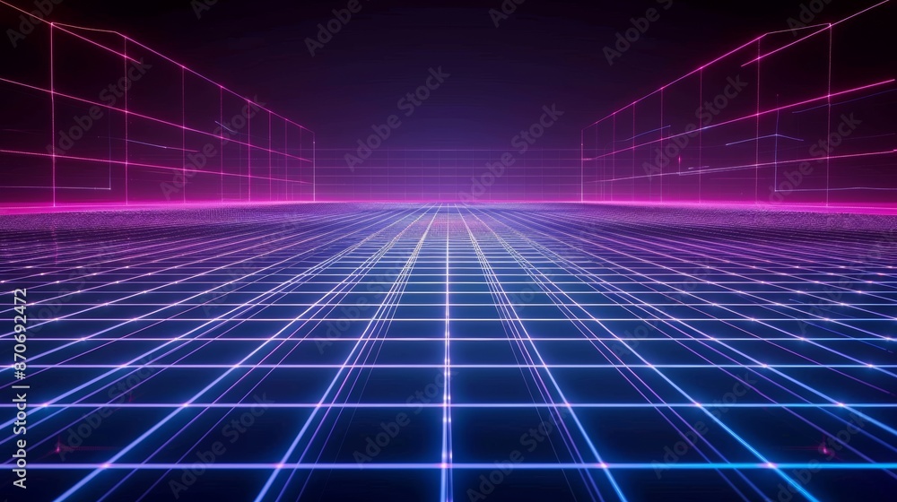 Grid neon light lines design on perspective floor, creative, digital, internet, cyberpunk, virtual reality concept. Abstract background. Grid neon light lines design on perspective floor, creative, digital, internet, cyberpunk, virtual reality concept. Abstract background.