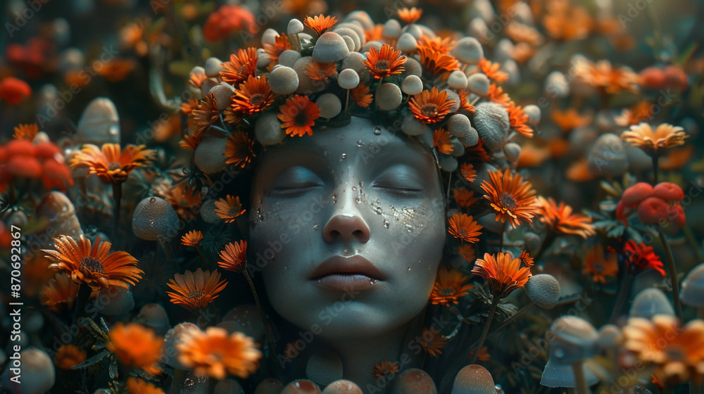 Woman's face with closed eyes surrounded by mushrooms and orange flowers. Enchanted nature and mystical beauty concept. Woman's face with closed eyes surrounded by mushrooms and orange flowers. Enchanted nature and mystical beauty concept.
