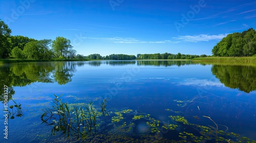 A serene lake with a reflection of a clear blue sky, symbolizing peace and introspection.