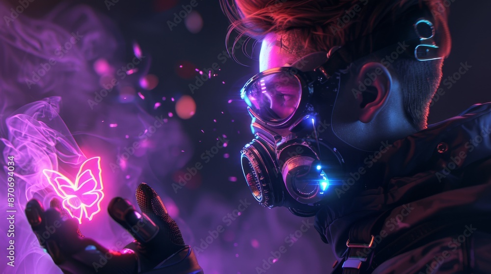 Cyberpunk girl wearing futuristic gas mask with protective glasses, jacket filters looking at glowing pink butterfly on her finger in a night scene with air pollution Cyberpunk girl wearing futuristic gas mask with protective glasses, jacket filters looking at glowing pink butterfly on her finger in a night scene with air pollution