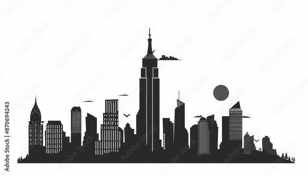 Naklejka premium Urban skyline with tall buildings and towers against a gradient sky in vector format