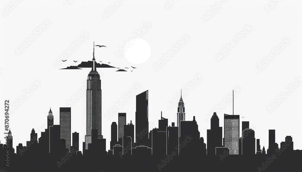 Fototapeta premium Urban skyline with tall buildings and towers against a gradient sky in vector format