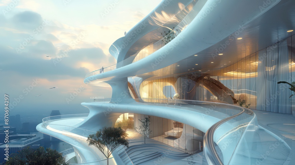 architecture: a building of smooth, organic contours, blending glass and white elements, reminiscent of an art deco seashell, soaring with several stories architecture: a building of smooth, organic contours, blending glass and white elements, reminiscent of an art deco seashell, soaring with several stories