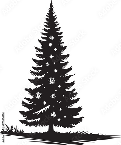 Christmas tree in winter in the forest,vector black color silhouette