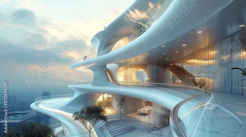 architecture: a building of smooth, organic contours, blending glass and white elements, reminiscent of an art deco seashell, soaring with several stories