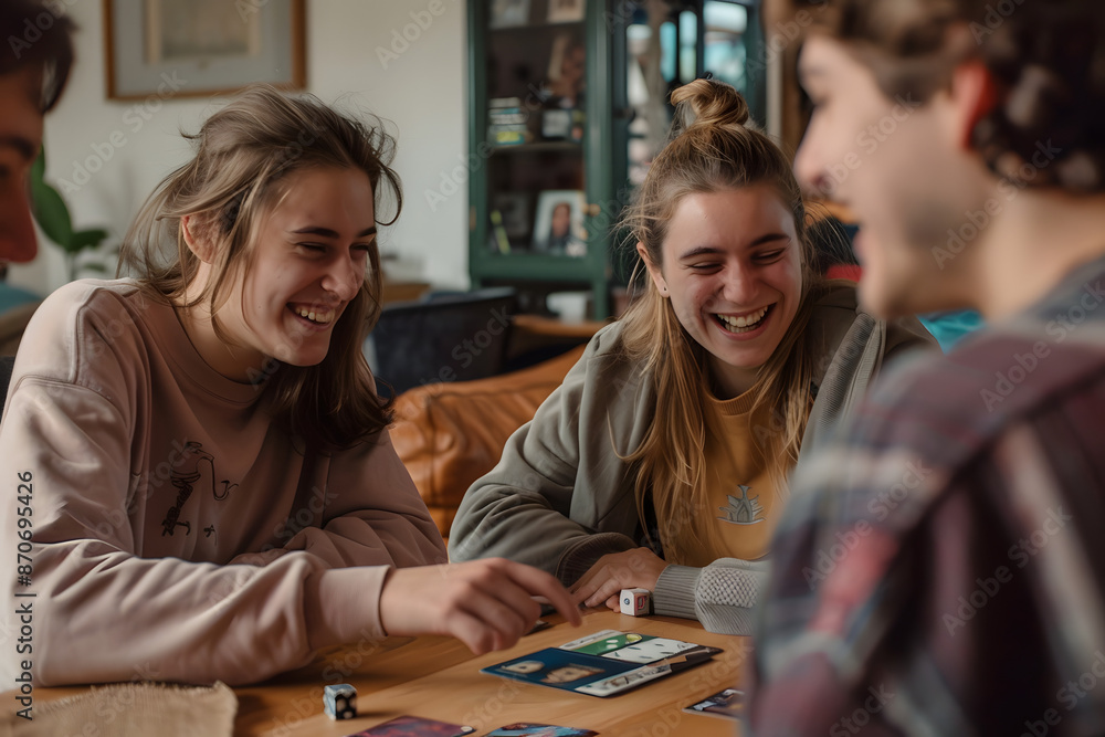 Fototapeta premium A candid shot of friends playing board games and laughing around a cozy living room, showcasing a fun indoor activity