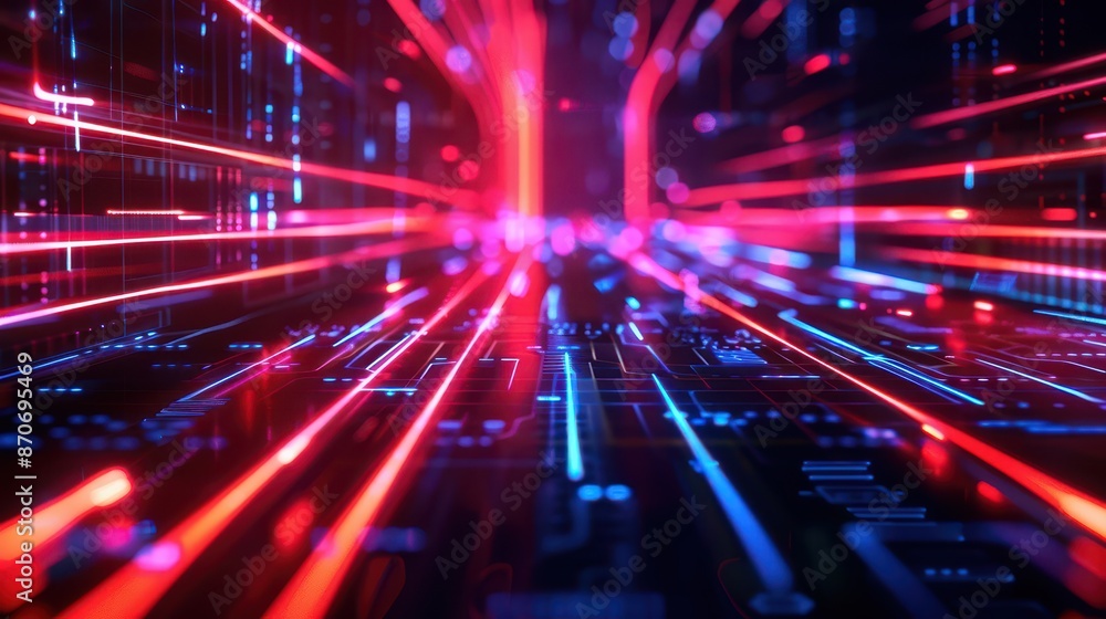 Slick, glossy black surfaces intersected by glowing red and blue neon lines, conveying a high-speed data network in motion, editorial photography Slick, glossy black surfaces intersected by glowing red and blue neon lines, conveying a high-speed data network in motion, editorial photography