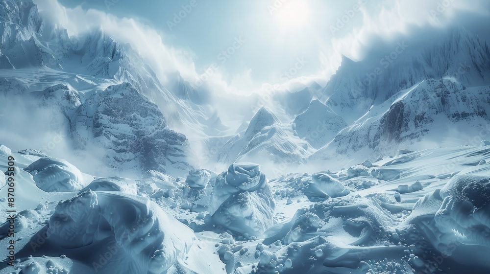A severe blizzard blanketing a mountainous region with deep snowdrifts and icy conditions. A severe blizzard blanketing a mountainous region with deep snowdrifts and icy conditions.