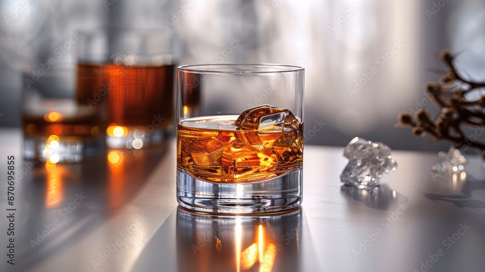 classic whiskey served over ice, highlighting the deep golden hue and rich textures, ideal for savoring after a long day