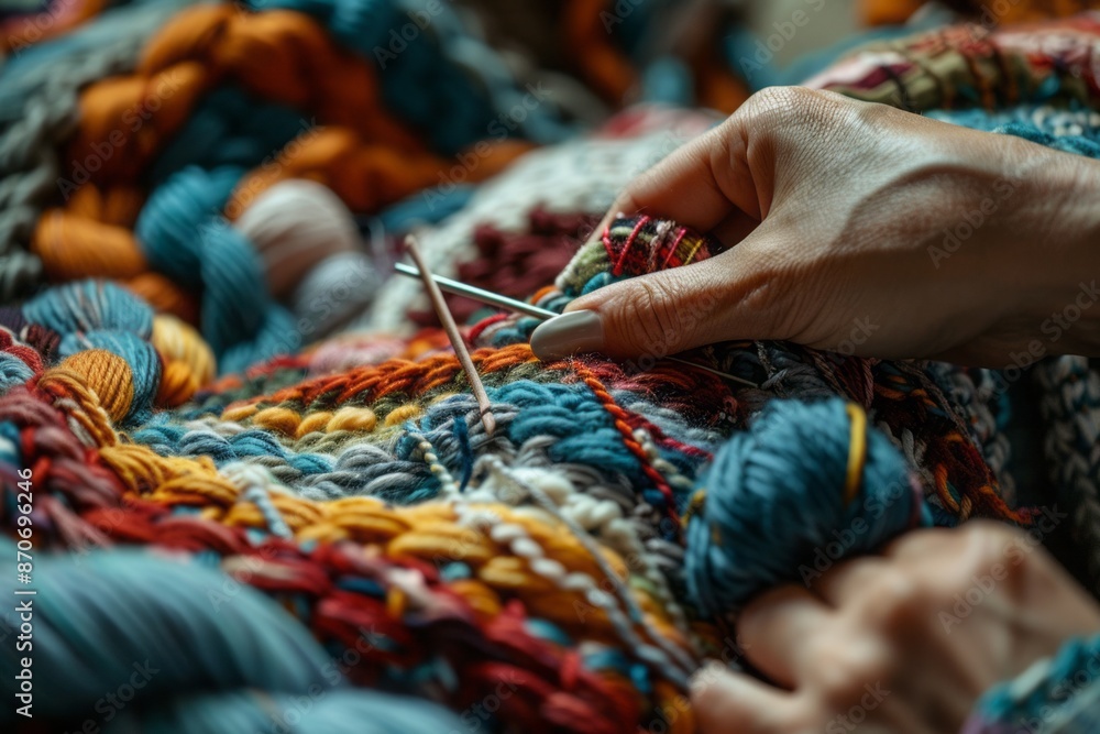 A close-up of hands knitting a blanket from recycled yarn, with balls of yarn and knitting needles in the background. A close-up of hands knitting a blanket from recycled yarn, with balls of yarn and knitting needles in the background.