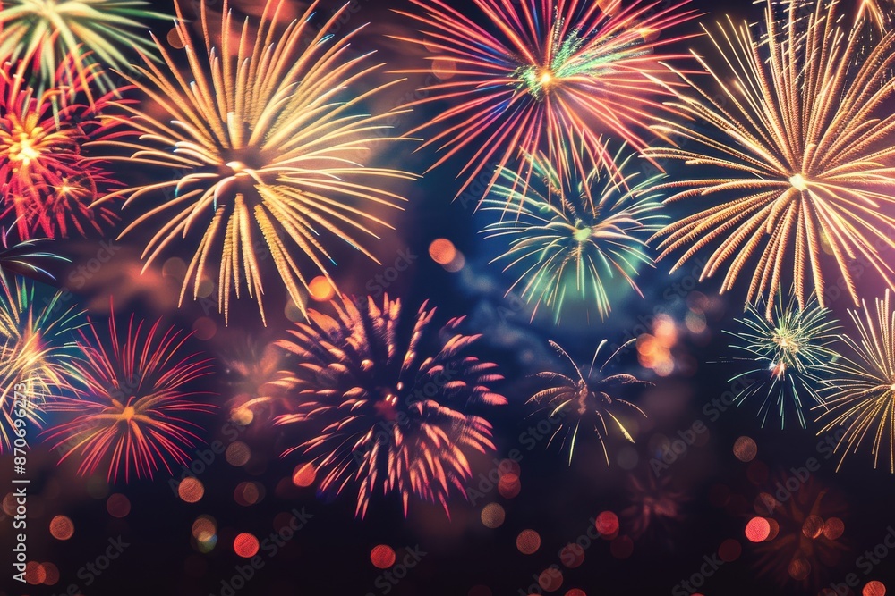Naklejka premium Spectacular Fireworks Display. Colorful Explosion of Light Against a Dark Night Sky