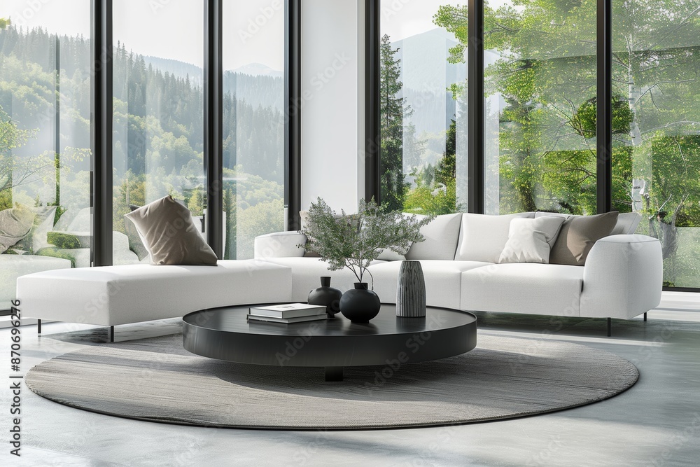 Capture the elegance of contemporary design with a round black coffee table, white sofa, and armchair, illuminated by natural light from panoramic windows. Capture the elegance of contemporary design with a round black coffee table, white sofa, and armchair, illuminated by natural light from panoramic windows.