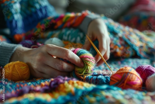A close-up of hands knitting a blanket from recycled yarn, with balls of yarn and knitting needles in the background © Sladjana