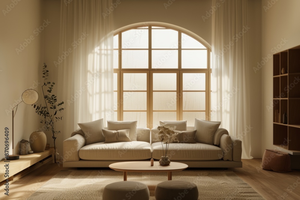Delight in the understated beauty of Japandi minimalism in a modern home's living room, illuminated by an elegant arch window. Delight in the understated beauty of Japandi minimalism in a modern home's living room, illuminated by an elegant arch window.