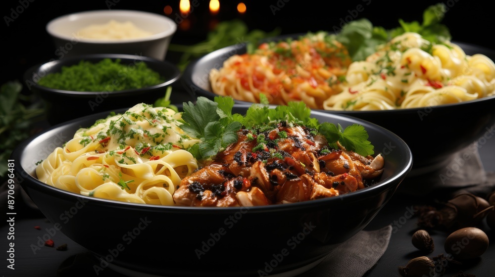 a table with three bowls of food including shrimp, mushrooms, and vegetables. a table with three bowls of food including shrimp, mushrooms, and vegetables.