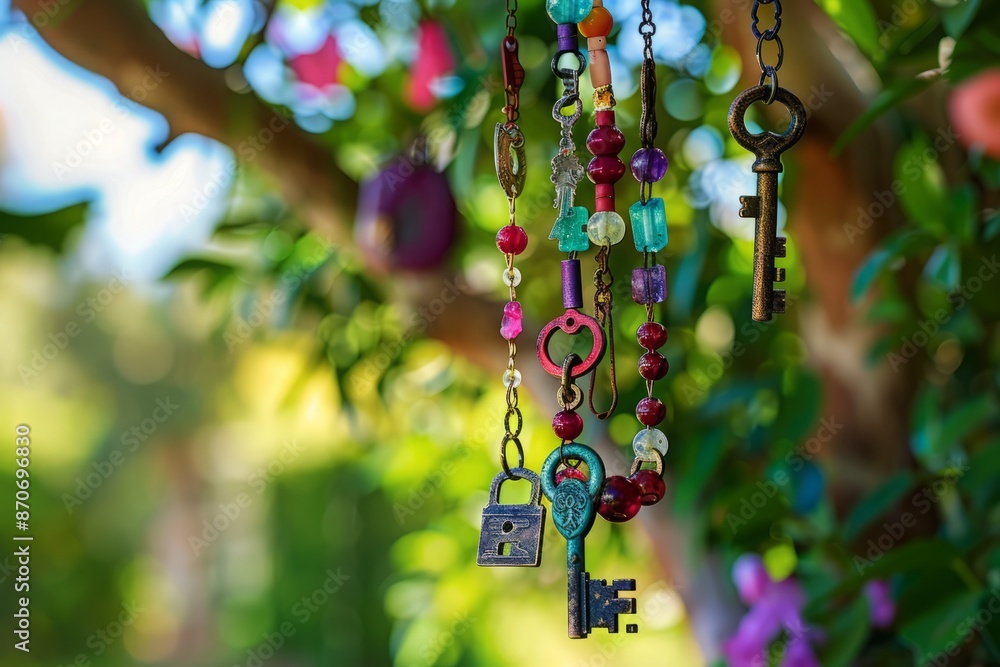 A vibrant outdoor scene with a wind chime made from old keys and colorful beads hanging from a tree branch. A vibrant outdoor scene with a wind chime made from old keys and colorful beads hanging from a tree branch.