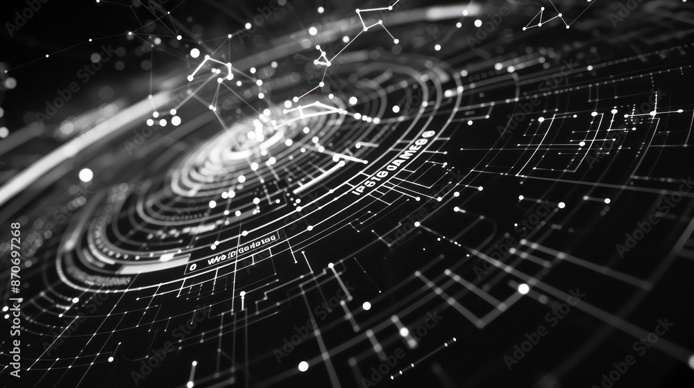 abstract illustration of a digital web, featuring interconnected circles and beams of light, symbolizing advanced technology and innovation abstract illustration of a digital web, featuring interconnected circles and beams of light, symbolizing advanced technology and innovation